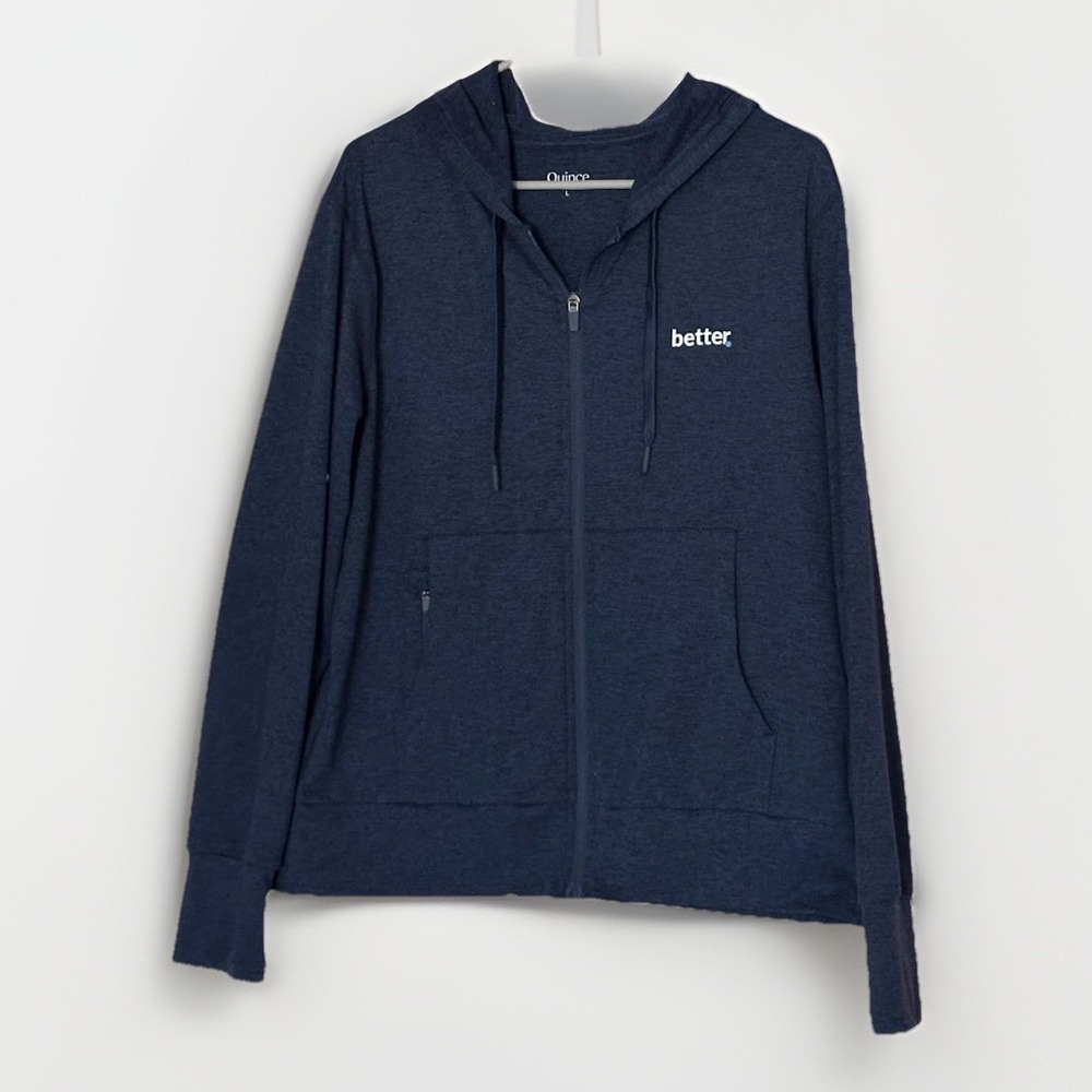 Quince Flowknit Zip Hoodie L Heather Navy Athleisure Minimalist Lightweight